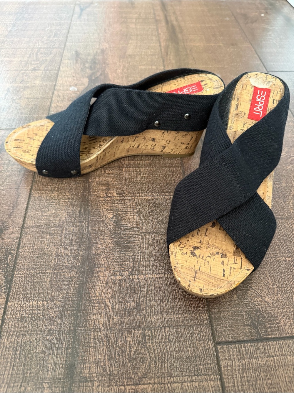 Esprit Black Canvas Cross Strap Cork Wedge Sandals Slides Mules Size 8.5